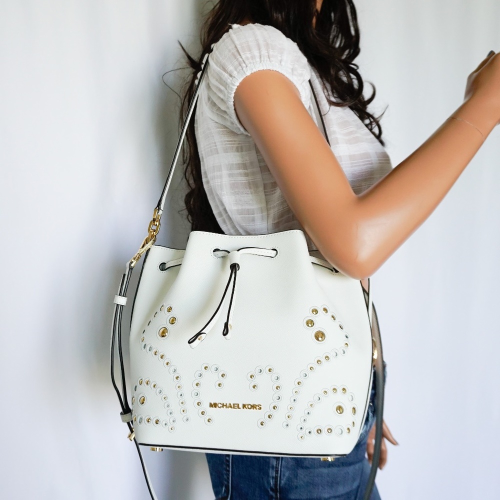 Michael Kors Trista Bucket Bag Optic White Studs